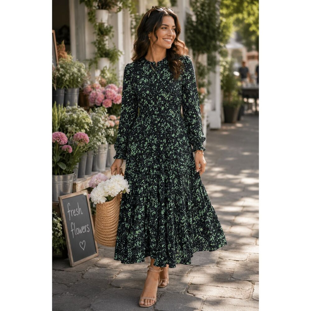 Aly Daly Floral Tiered Maxi Dress Black Green Smocked Tiered Long Sleeve M Boho - Picture 2 of 10